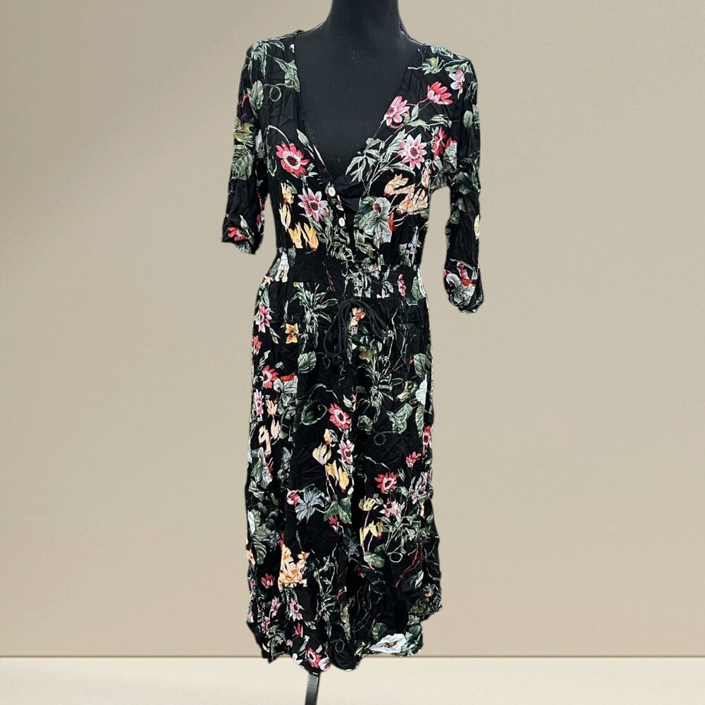 Black Floral Button-Front Midi Dress 🌸